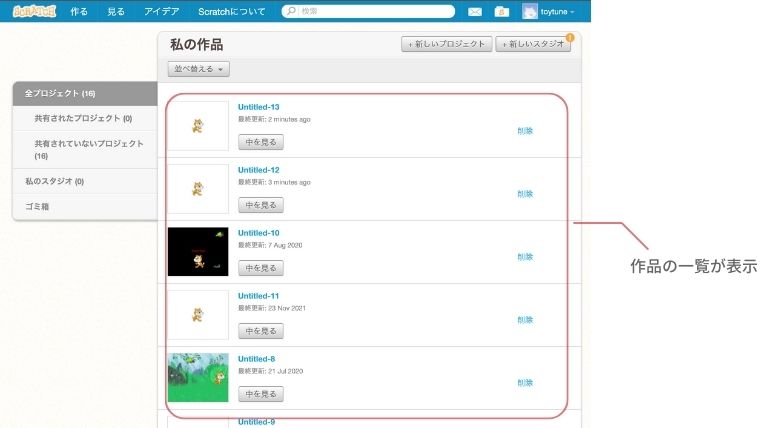 作品の一覧が表示される