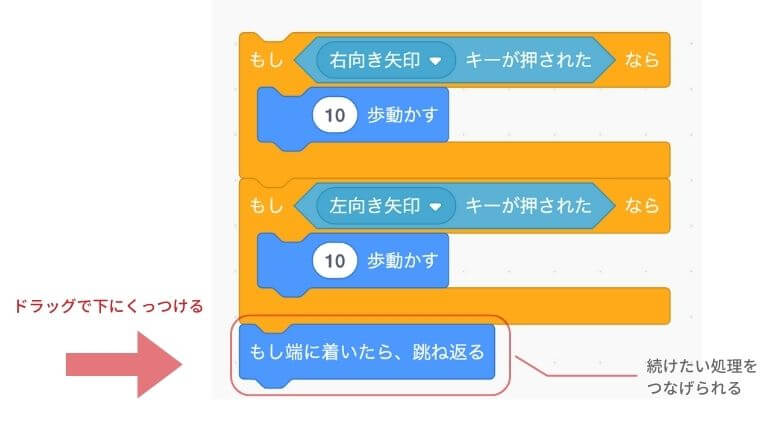 もし端に着いたら、跳ね返るのブロックをドラッグし一番下にくっつける