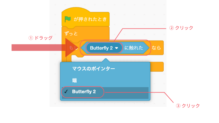もし〜ならの〜に〜に触れたをドラッグしButterfly2に変更する