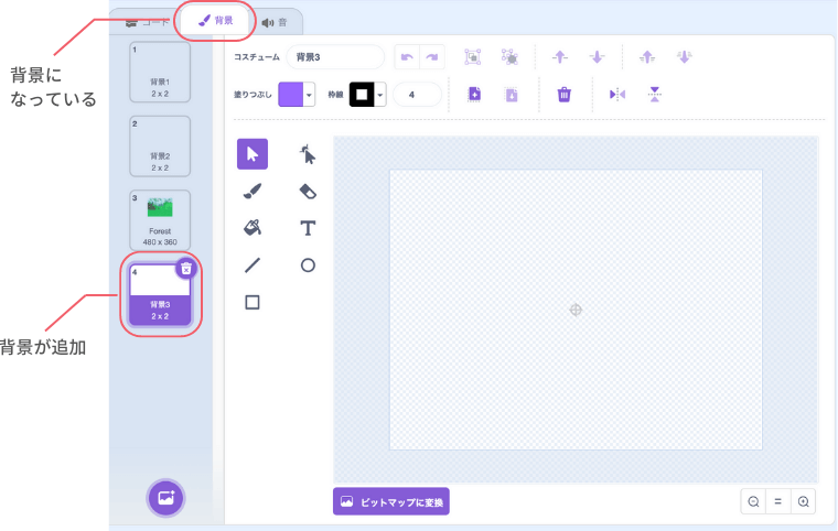 タブが背景になっていて4番目に背景が追加されている